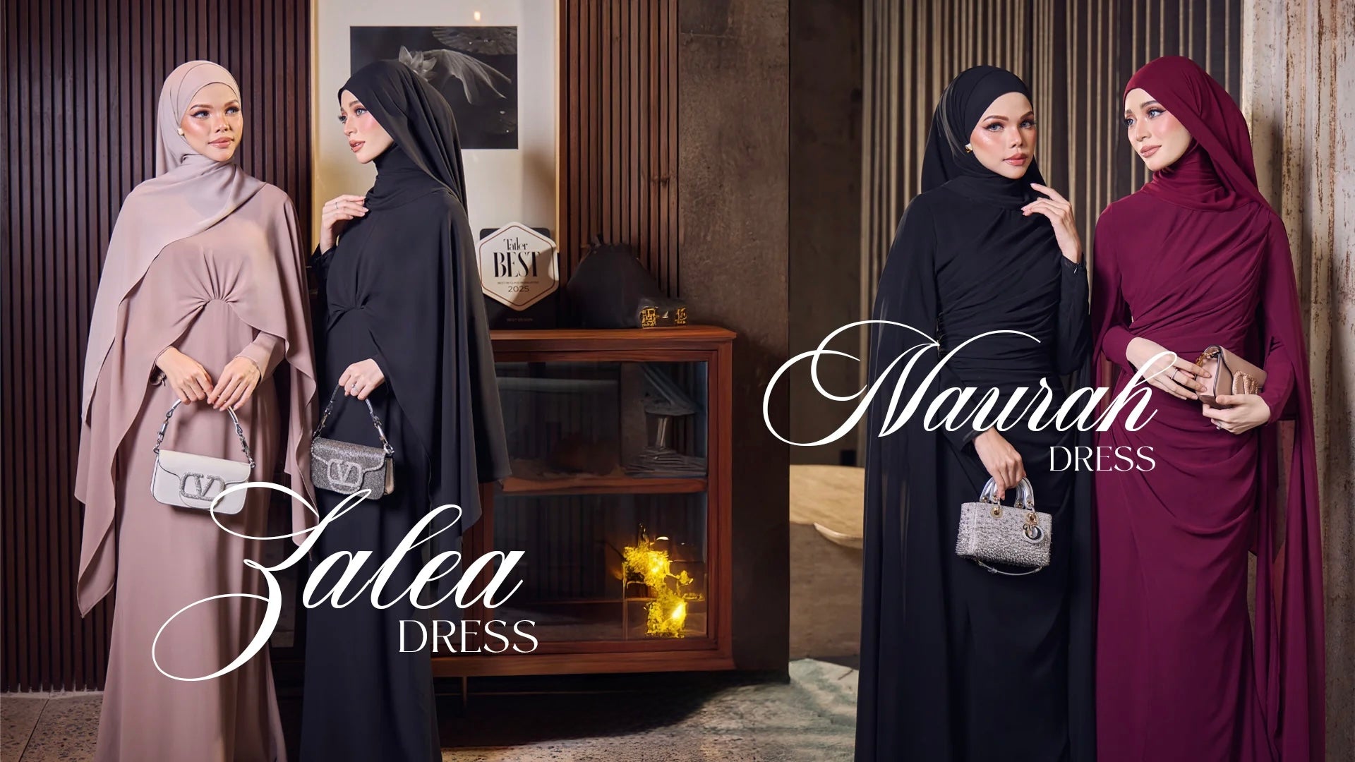 Two women wearing hijabs and holding handbags in a room with 'Alnurah' and 'Jalea' branding.